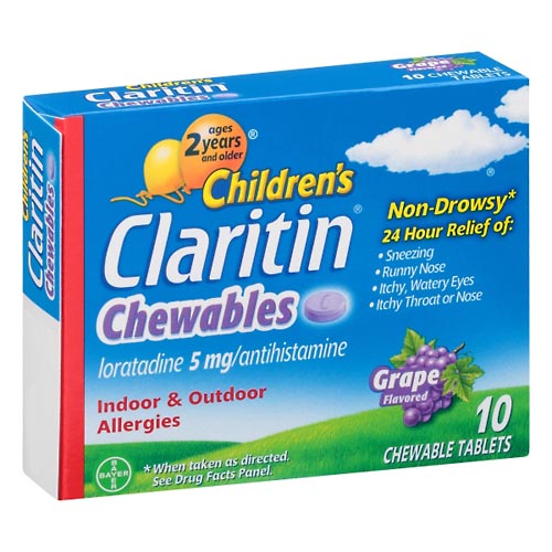 Image for Claritin Allergies, Indoor & Outdoor, 5 mg, Grape Flavor, Chewable Tablets,10ea from Irwin's Pharmacy