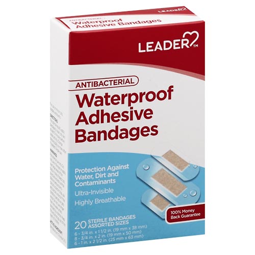 Image for Leader Adhesive Bandages, Antibacterial, Waterproof, Assorted Sizes,20ea from Irwin's Pharmacy