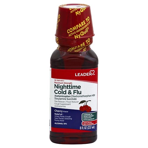 Image for Leader Cold & Flu, Nighttime, Maximum Strength, Cherry Flavor,8oz from Irwin's Pharmacy