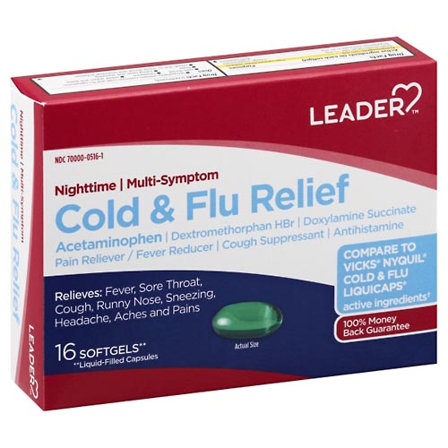 Image for Leader Cold & Flu Relief, Nighttime, Multi-Symptom, Softgels,16ea from Irwin's Pharmacy