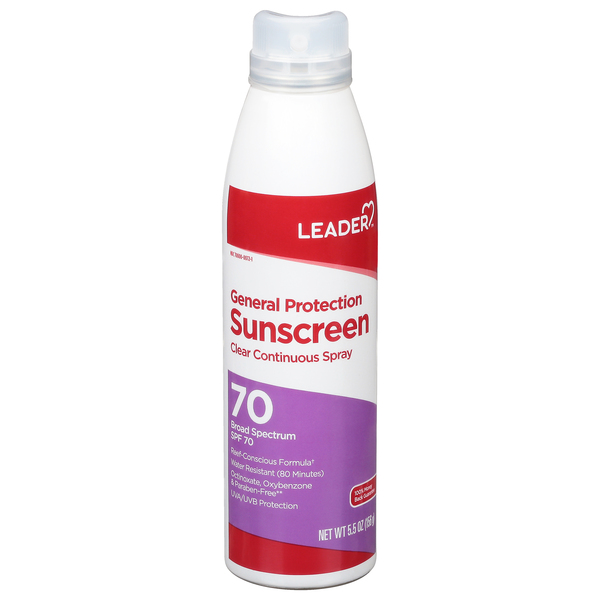 Image for Leader Sunscreen, Clear Continuous Spray, Broad Spectrum SPF 70,5.5oz from Irwin's Pharmacy
