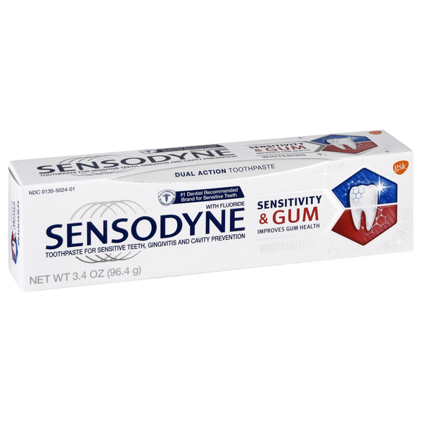 Image for Sensodyne Toothpaste, Dual Action, Whitening, Sensitivity & Gum, 3.4oz from Irwin's Pharmacy