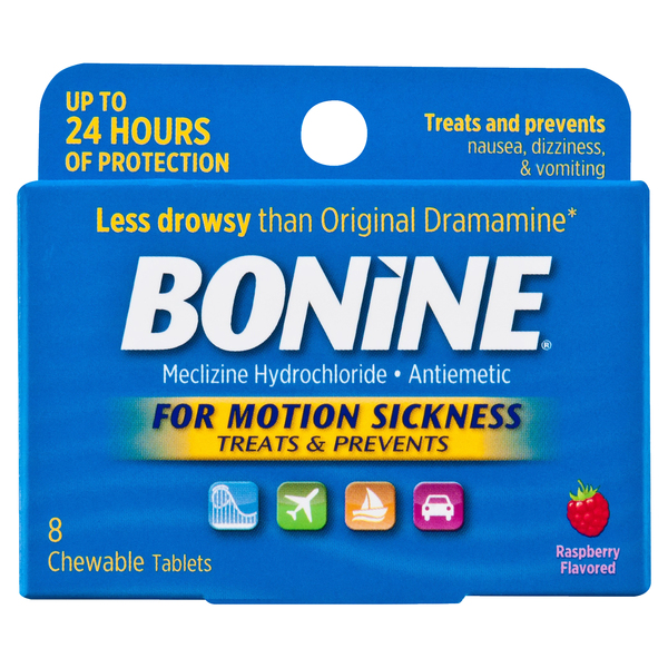 Image for Bonine Meclizine Hydrochloride, Antiemetic, Raspberry Flavored, Chewable Tablets,8ea from Irwin's Pharmacy